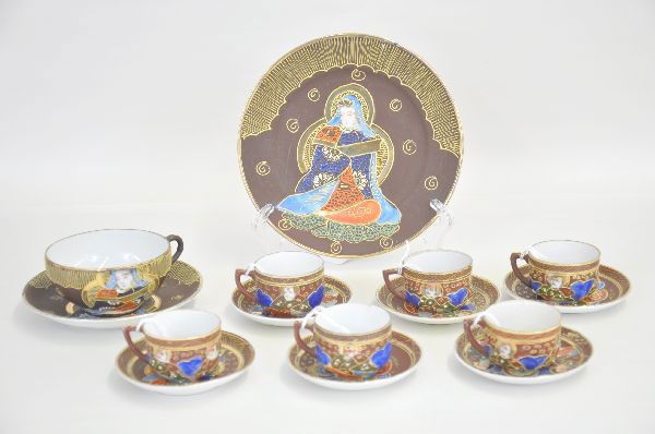 15 pc China Set: 6 tea cups and under plates, 7 1/2" biscuit plate, larger tea cup and under plate. All hand painted and gilded, all marked Japan. Bright and fairly clean showing light wear.