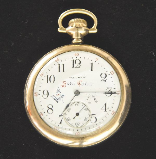 Masonic Waltham Pocket Watch: Movement serial #13837115, porcelain face, has one small hairline, inscribed John Collih with the Masonic symbol, Wadsworth gold filled case #1136799, back engraved, JC. Very little wear, mechanism no