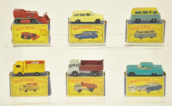 6 Boxed Matchbox Vehicles: 6 Matchbox cars with original boxes, Model #33 Ford Zephyr, Model #3 Bedford Tipper Truck, Model #37 Coca-Cola Lorry, Model #70 Thames Estate Car, Model 38 Vauxhall Victor Estate Car mint green interi