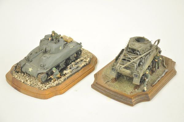 Two US Military WW II Dioramas: Each has a 10" wooden base, one displaying recovery tank other is tank and crew. Both museum quality, highly detailed. Recovery tank has broken chain.