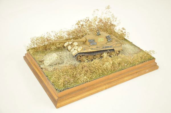 WW II Military Diorama: 17" x 13" Museum Quality German Tank Scene, king tiger tank, highly detailed, unusual foliage, missing one exhaust stack.