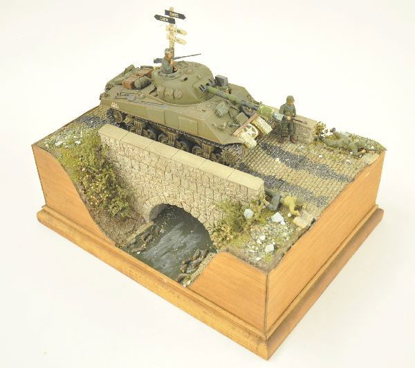 Fabulous WW II American Military Diorama: 13" x 9" wooden base, depicting tank crew guarding bridge, wonderful detail, museum quality, nicest diorama in the auction.