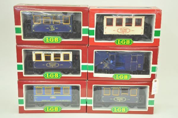 6 Boxed LGB G-gauge Cars: 1985 Jahreswagon; Gundesgartenschru Express: 1982 Jahreswagon; 1983 Jahreswagon; 1984 Jahreswagon; 3013 OBB Speisewagen. Otherwise, factory new.