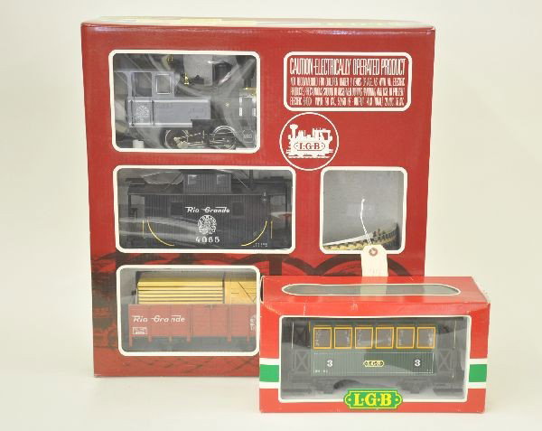 Boxed LGB G-Gauge Set Plus Car: 20087 Boxed Rio Grande set; 4060 Flat car with stakes. No track or Transformer. Otherwise, factory new.
