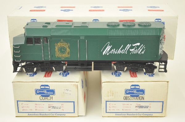 3 Pc. G Gauge Marshall Fields Set: Limited edition by American Standard Car Co. consists of an F40PH Diesel; Coach & Observation. Available through Marshall Fields as a promotion, original boxes, Like new.