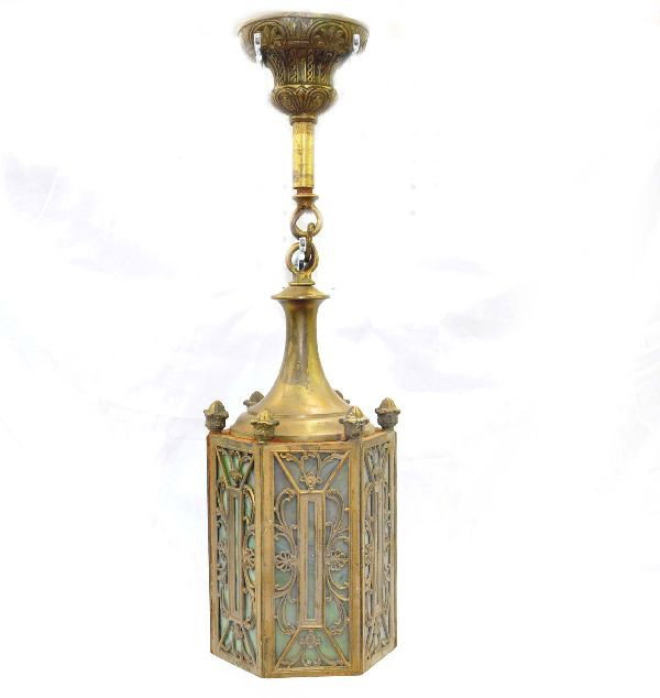 Early Slag Glass Light Fixture: Circa 1930s, 22" T. cast brass fixture with 6-panel slag glass behind ornamental pierced panels. Iron acorn finials have some rust at mounting points, presents well.