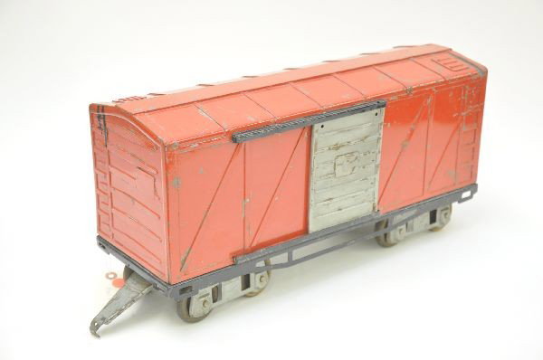 Rare Marx Ride-on Boxcar Prototype: Frame painted 5249X 11/3/53 Glen D. 20" long painted pressed steel with wooden wheels, 4 wheel trucks, well constructed with unusual couplers (they should have made this). Shows moderate playwear. C6