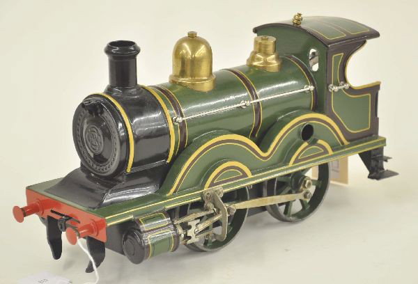 Restored Carette Gauge 3 Steam Locomotive: Circa 1900, English outline, 593 clockwork mechanism untested, but looks functional. Shows signs of handling, missing headlight. Still a scarce piece.