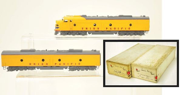Trains Inc. HO Brass UP E-9 AB Diesels: Nicely painted & decaled with original boxes. Some color fading on yellow, but not offensive. Otherwise, like new, C8