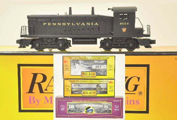 4 pc MTH Diesel Freight Set: Rail King 30-2149-0 Pennsylvania SW9 diesel, squeaking brakes and freight yard sounds, 30-7423 MTH boxcar, 30-7928 MTH crane, Premier 20-98210 Pennsylvania hot metal car, all in original boxes with in