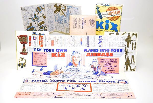 Early Cereal Premium Lot: Most are circa 1945, 8 Kelloggs Pep Cereal model war plane series, #1, 2, 3, 4, 7, 19, 20, 21. All balsam wood with original envelopes. Scarce General Mills Kix Cereal box with air base promotion whic
