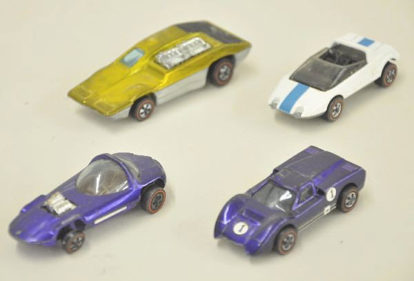4 Hot Wheel Redline Vehicles: Silhouette, Ford J. Sidekick, Jack Rabbit. All show light to moderate playwear. Should clean to C6-7