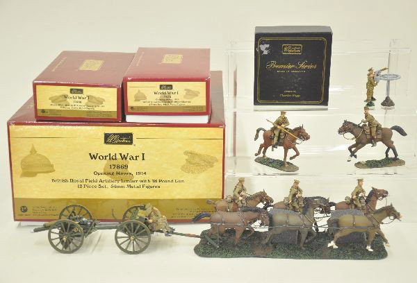 Four Modern Britains WWI Models: 17869 British Royal Field Artillery Limber with 18 lb gun. 54MM figures, 17668 British Lancer charging, 17870 Field Artillery Officer, mounted; 8911 Vickers Machine Gun with crew. All original boxes, 