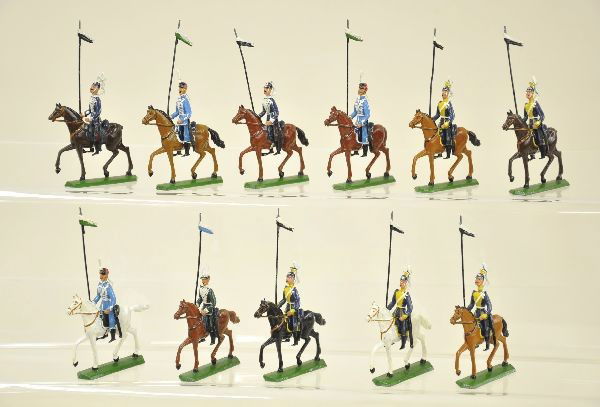 22 pc Restored Heyde Mounted Soldiers: 11 horses with riders beautifully painted with contemporary paints (two show some wear at saddles, otherwise beautiful.
