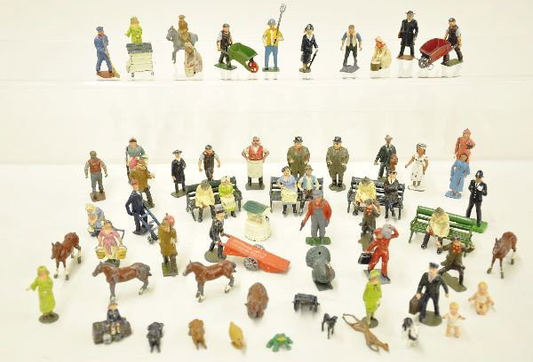 50 Plus Johillco Civilian and Farm Figures: Nice assortment. Some show moderate to heavy wear. About half should clean to C7 or better. Also includes two Britains figures and two rare baby figures.