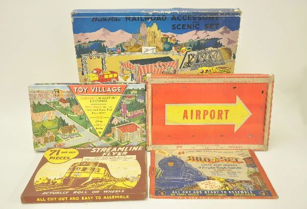 Five Boxed Cardboard Play Sets: Bild-A-Set #10, freight train; Concord Streamline Flyer; Gilbert Autorama which came in the larger slot car sets, makes the grand stand; Bilt Rite toy village, mostly punched but complete; Bilt Rite #