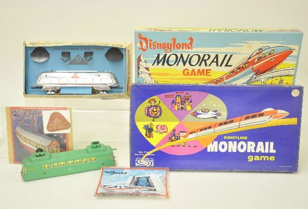 6 pc Monorail Toy Lot: Two different Disneyland Parker Brothers monorail games, both dated 1960; General Foods premium monorail puzzle with original envelope; 3 dimensional Disneyworld ashtray; AMF Wen Mac monorail in origi