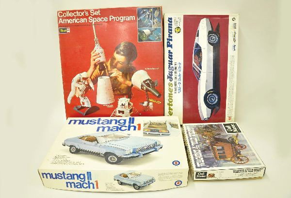 Four Vintage Model Kits: Rebell, G1839:1100 collectors set American Space Program, one unit started, otherwise, parts in bags; Craft Master 50104 Stagecoach, wood and plastic; Atoki Jaguar Piranha, 1/16 scale, motorized, part