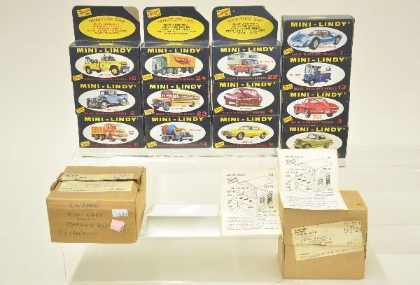 15 Lindberg Mini Lindy Model Kits: Includes Jaguar, cement mixer, Ford pick-up, dump truck, school bus, Camaro SS, Corvette, tow truck, Jeepster, Porsche, mail truck, tractor trailer and camper. Two mail-away car garages. All unbuilt,