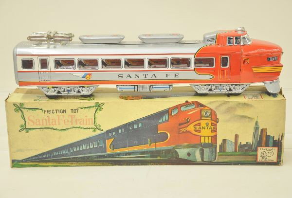 Scarce ATC Toy Train: These large examples are very difficult to find. Santa Fe passenger liner, 23" long, friction mechanism working, like new, original box with insert. C8-9