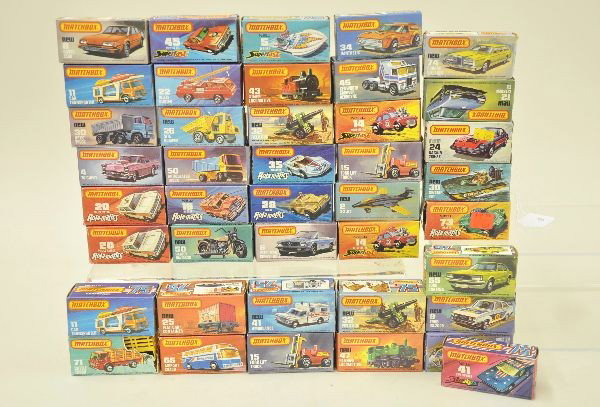 41 Boxed Matchbox Superfast Vehicles: Most from mid 1970's all boxed, one is rough. Vehicles are like new. See photo for description.