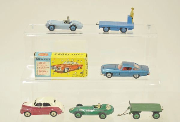 Six Dinky and Corgi Vehicles: Boxed 241 Corgi Ghia (shows very light playwear, original box worn, C8; Dinky Morris Oxford in scarce two tone, 239 Van Wall, Austin Martin, BEV truck, 25C trailer, hitch and axles show rust. Other sh