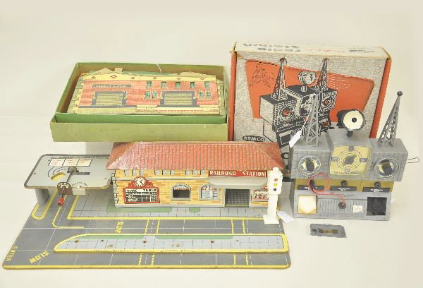Three Piece Early Toy Lot: Keystone talking railroad station, missing record and esplanade accessories; Train Town cardboard village set, appears complete, shows minor wear, original box; Remco radio station, missing microphone