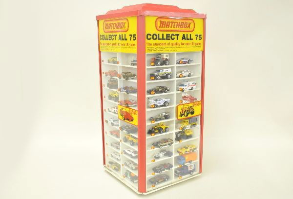 Matchbox Superfast Collect All 75 Store Display wi: Includes #1-15 series, circa 1983 with original boxes for vehicles. Display case needs a cleaning, top has some repair. Cars are near mint. C9