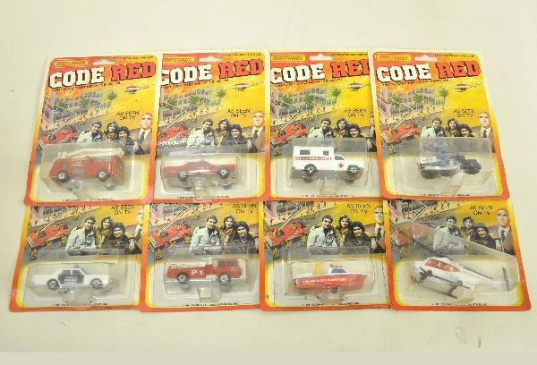 Complete Matchbox Code Red Series: All fire related vehicles from Code Red television series, starring Lorne Greene all dated 1981. All cars are sealed blister cards. Cards show minor wear but need to be cleaned. Vehicles are C10.