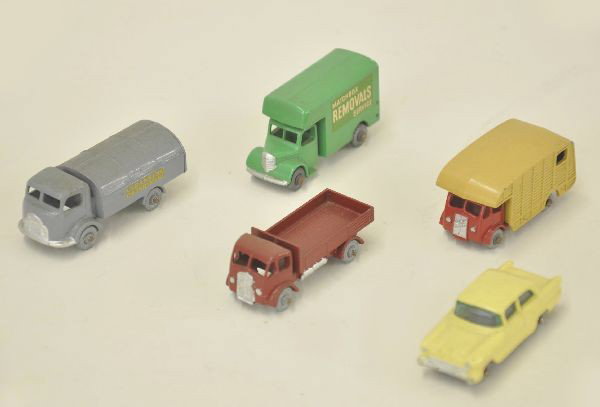 5 Early Matchbox Vehicles: #20 stake truck, dark red; #38 refuse truck with strong decals; #45 Vauxhall with gray plastic wheels; #17 removals van; #35 horse box, red cab. Otherwise, all metal wheels with light axle rust. Other