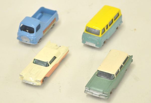 4 Early Matchbox Vehicles: #60 builders truck, strong decals; #70 estate car; #31 Ford station wagon; #75 Ford Thunderbird. All have silver plastic wheels with light axle rust and show light playwear. Should clean to C7-8.
