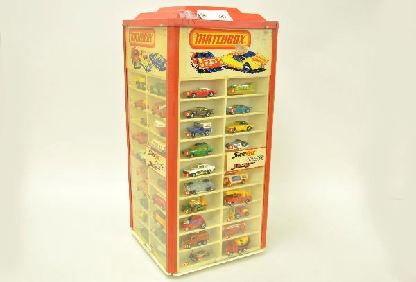 Matchbox Superfast Rola-Matics Store Display: Includes 1-75 series, 1970's production vehicles. Display shows some wear and tape. Vehicles appear like new. C8-9