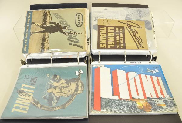 Two Binders Filled With Lionel Catalogs: One binder contains 1960 through 1969 original catalogs and accessory catalogs. Clean; Second binder contains 15 plus mostly reproductions of 1930's catalogs and instruction booklets. All in sheet pro