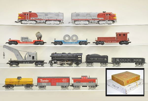 Boxed Marx Sets 25234S and 44876: Scale set 25234S includes 999 steam loco, tender, NYC gondola, Shell tank car, NYC boxcar, NYC caboose with transformer. Set 44876 includes 1095 Santa Fe F9 AA diesels (missing one horn), crane, 4566