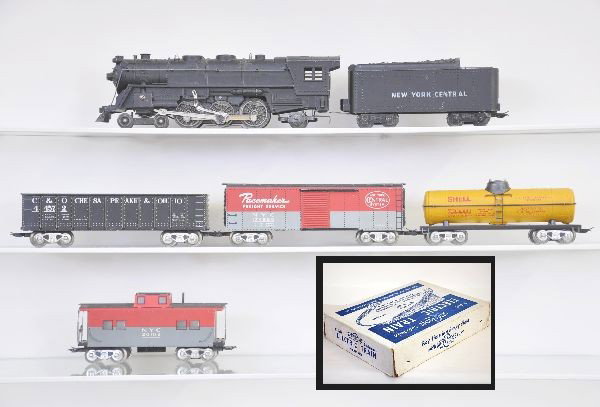 Boxed Marx Sears Set 35220: Also has 05948 includes 333 cast Hudson loco with light, NYC cast tender, C&O high gondola, NYC boxcar, Shell tank car, NYC caboose, track and transformer. Original set box with inserts. Shows light t