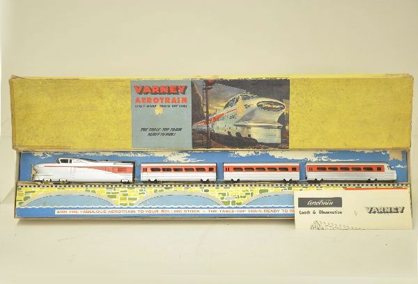 Scarce Boxed Varney HO Gauge Aerotrain: Talgo diesel with 3 trail cars, unrun with instructions in fantastic display set box. Box top is taped. Train is like new C8-9