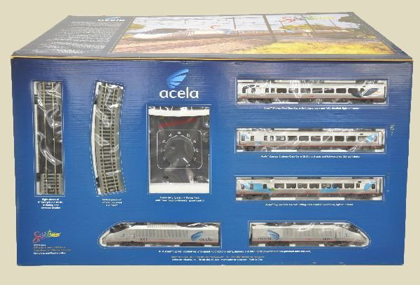 Boxed Bachmann Amtrak ACELA Set: Set No. 01202 includes 5 car Streamline train set DCC compatible, track and transformer. Original set box with inserts. Factory new. C9