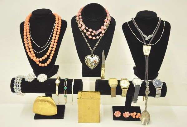Large Group of Costume Jewelry and Accessories: Lot includes necklaces and earrings, a couple are sterling silver, 3 watches, Mary Poppins spoon, Elgin compact with box, Aladdin lighter and cigarette case with box, unusual retractable pocket knife 
