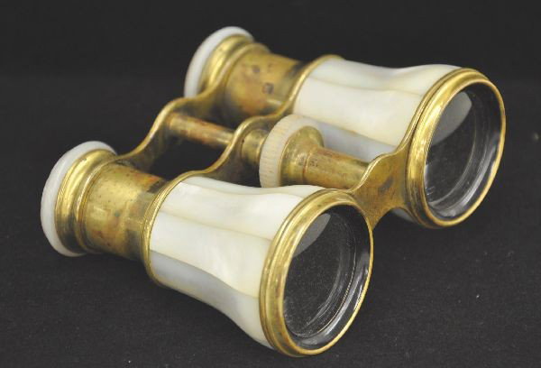 Lemaire Opera Glasses: Brass and mother-of-pearl. Lens is marked Paris. Nice age and wear patterns from use. Nice example