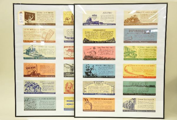 Unusual Collection of Vintage Railroad Blotters: Produced by the Association of American Railroads for travelers use. Usually found in diner and bar cars. This 24 pc set is nicely framed in two 18 x 24 frames. Makes a nice display.