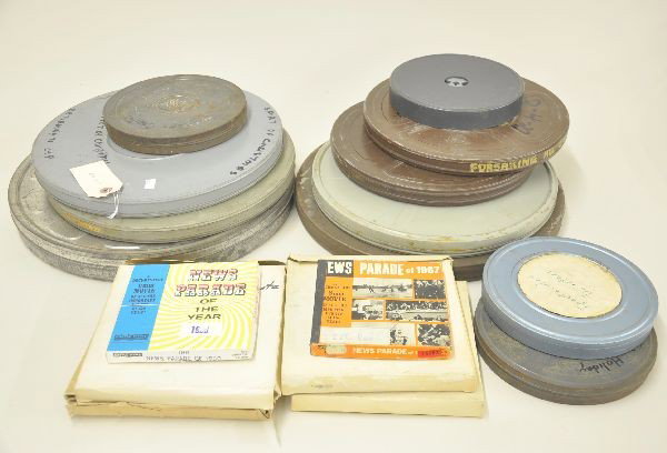 17 Movie Reels - 8MM and 16MM Assorted: Three 14" 16MM reels: The Jazz Age, McGraw Hill, This Land of Ours. 8MM Films include: 12 1/2" reels, Biography of Thomas Edison, Ireland, Spirit of Christmas. 11" reels of The Reformation, Forsaking 