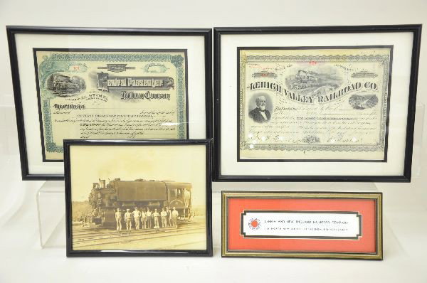 Three Piece Railroadiana Lot: Framed builders photo of vacuum oil company 060 yard switcher and crew. 8" x 10"; two framed railroad stock certificates one is for the Central Passenger Railway Company (unissued) and Lehigh Valley R
