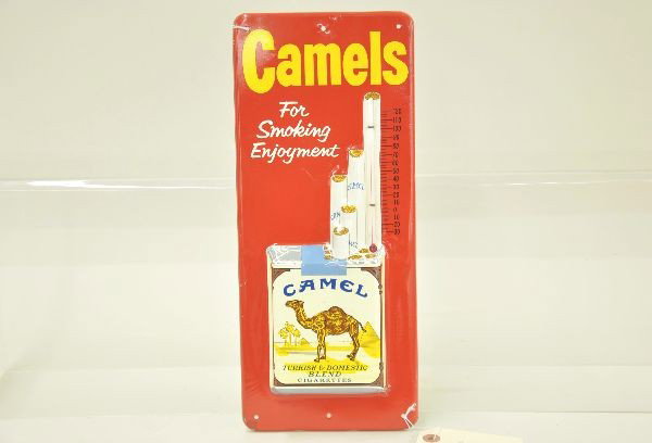 Nice Vintage Camel Cigarette Thermometer: 13 1/2" enameled tin two dimensional sign with glass thermometer. Heavy gauge tin, some signs of use but in remarkable condition for its age. Nice example