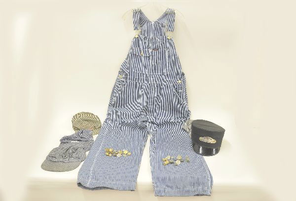 Railroad Engineer's Outfit, Buttons & Hats: Amtrak assistant conductor hat, group of 20 plus uniform buttons including UR&E, B&M, Conductor, New Hampshire Railway, Pullman, MH&E and others; Wear-Guard conductor's overalls with two matching hats
