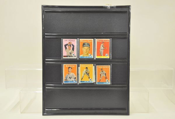 Six 1958 Topps Yankees Greats: Includes: Card #161 Don Larsen, #320 Whitey Ford, #393 Tony Kubek, #224 Bob Grim, #354 Art Ditmar, #275 Elston Howard and a 20" x 16" display frame which holds 20 cased cards. Condition: #161 is clean