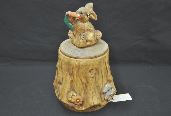 California Originals Cookie Jar: 15" tall bunny on stump, hand painted bisque. Shows some paint wear on edges, but an adorable example.