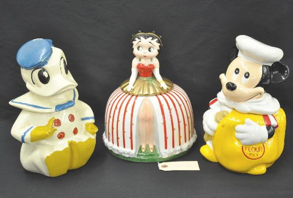 Three Disney Cookie Jars: Tallest is 12" . Includes Betty Boop by VanDor dated 1995, Donald Duck by Celebrate (some crazing underneath and has been touched-up), Mickey Mouse marked The Walt Disney Company by Hoan Limited.