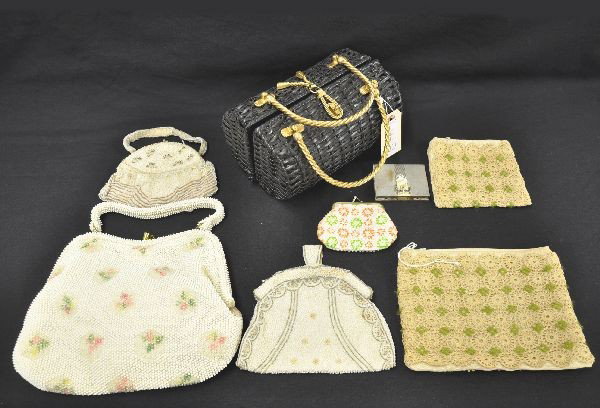 9 pc Vintage Purse/Pocketbook Lot: Volupt compact, 6 1/2 ' crochet style purse and cosmetic purse, 5" beaded clutch made in Belgium; 5" beaded clutch with clasp marked Made in Belgium, 8" full beaded bag by Lunwred with matching mirror