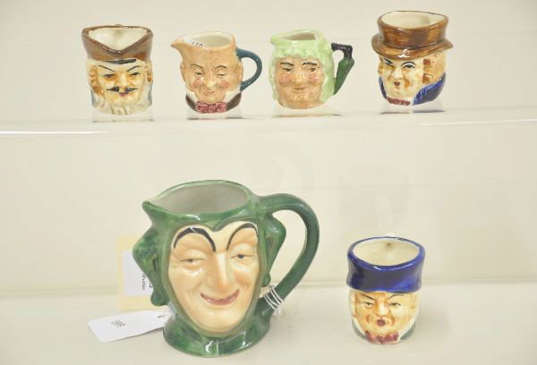 Six Vintage Toby Mugs: Five small, 2 marked on bottom England and one large. All in nice condition, no visible flaws.