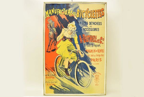 Early French Bicycle Poster: 27" X 41" framed early 20th century, A-Dutheil & Co, Magasin de Vente, Paris. Some wear & light bubbling to mounting, bright colors.